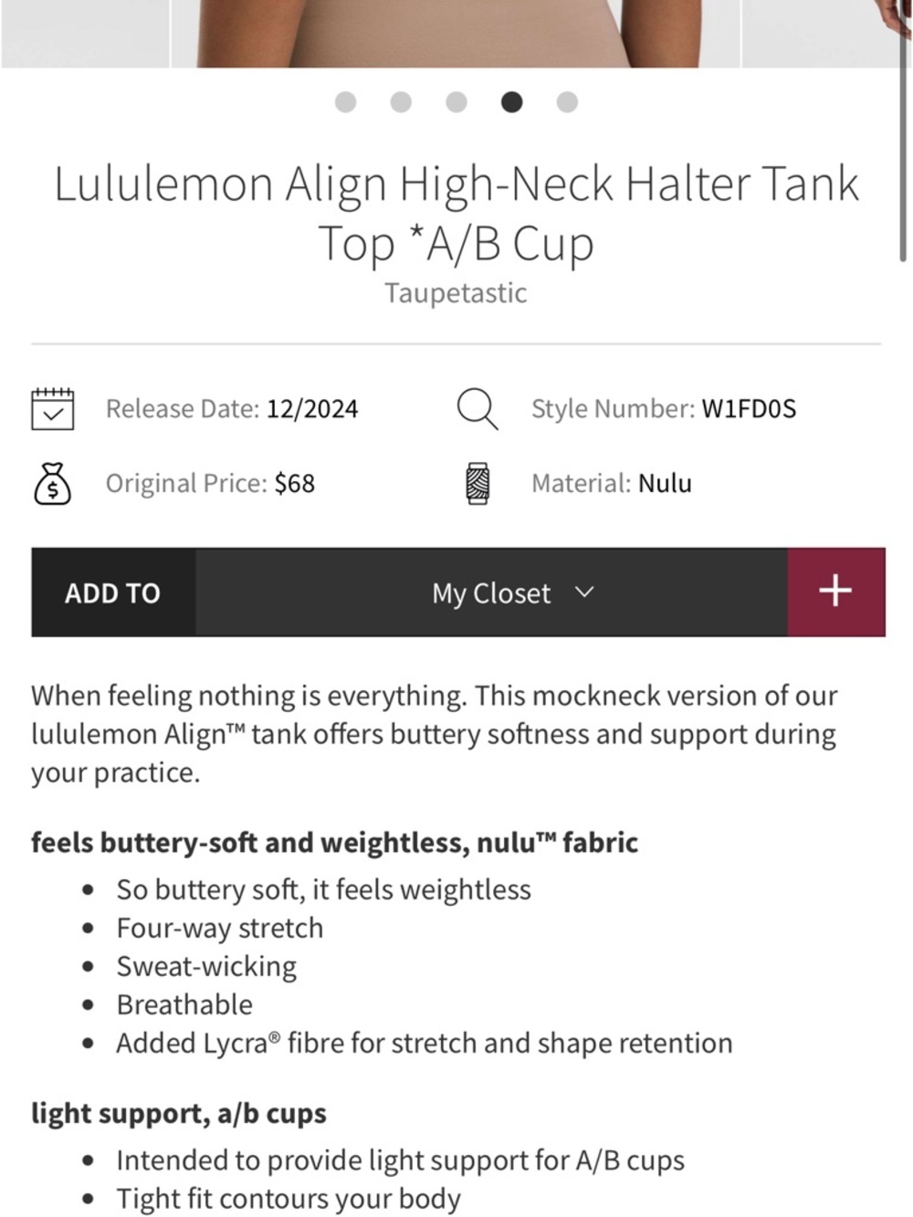 Lululemon Align High-Neck Halter Tank Top *A/B Cup Taupetastic Size 8 - Picture 7 of 7